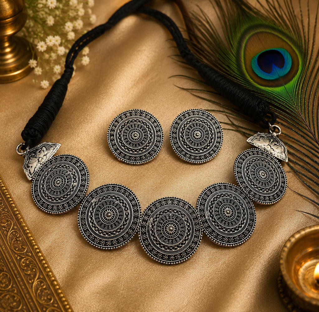 Oxidised Silver Disc Necklace Set