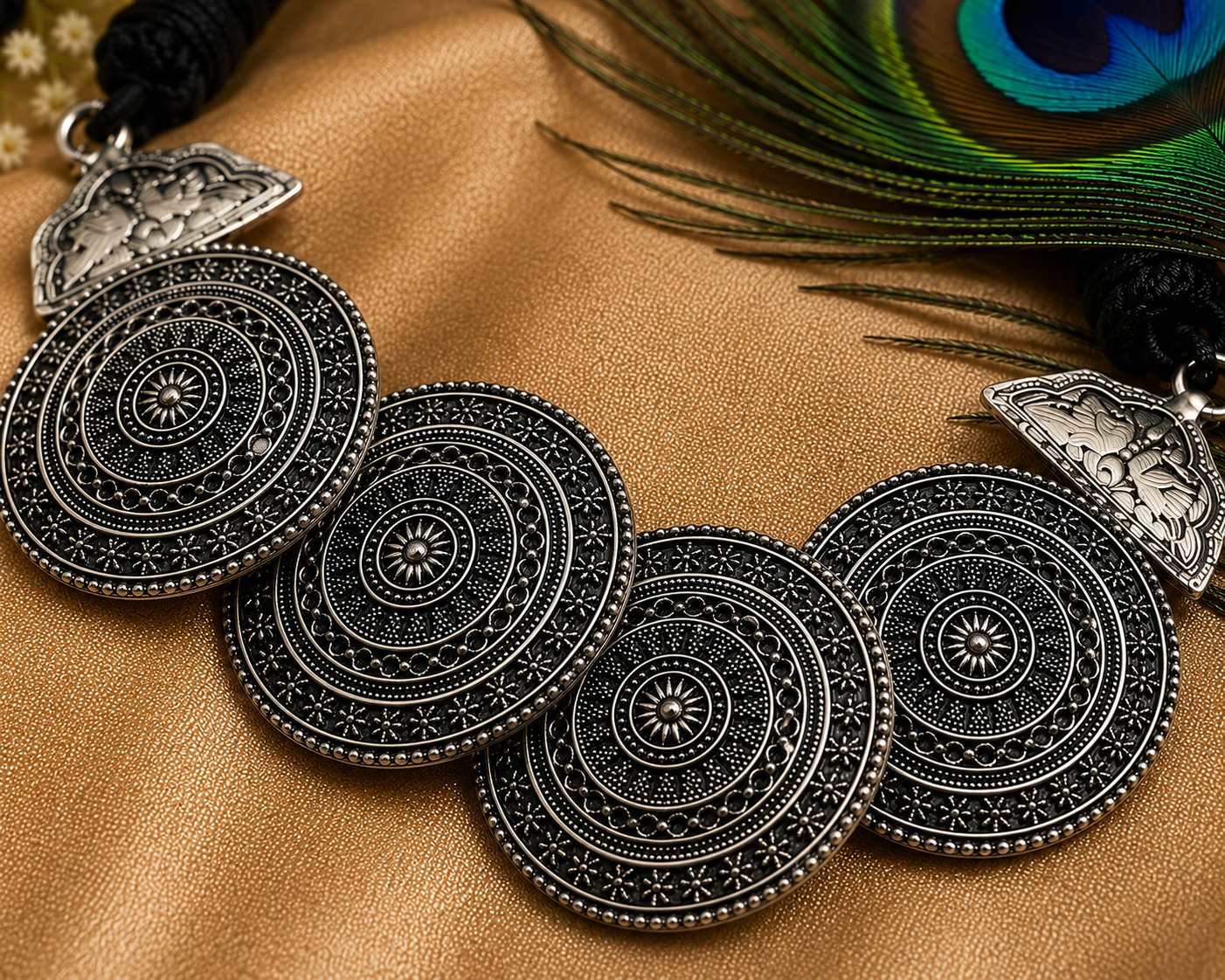 Oxidised Silver Disc Necklace Set