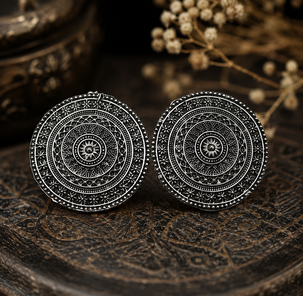 Oxidised Silver Disc Necklace Set