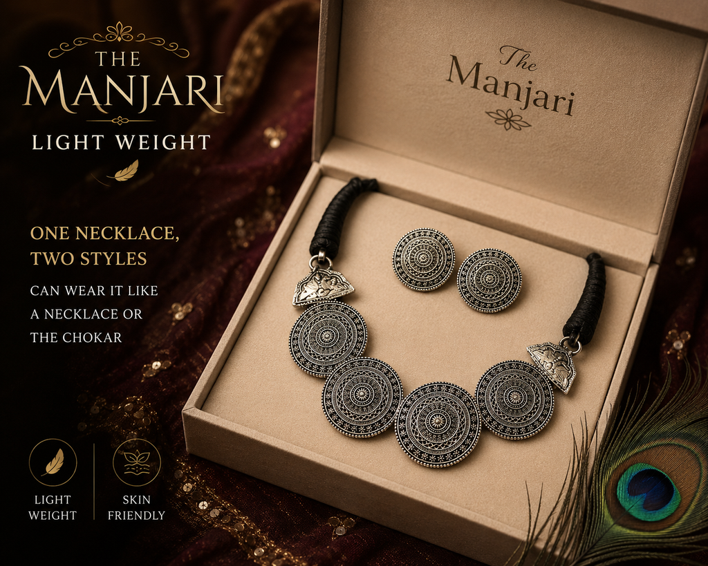 Oxidised Silver Disc Necklace Set
