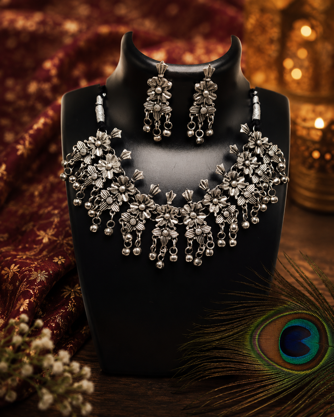 Black Oxidised Floral Necklace Set