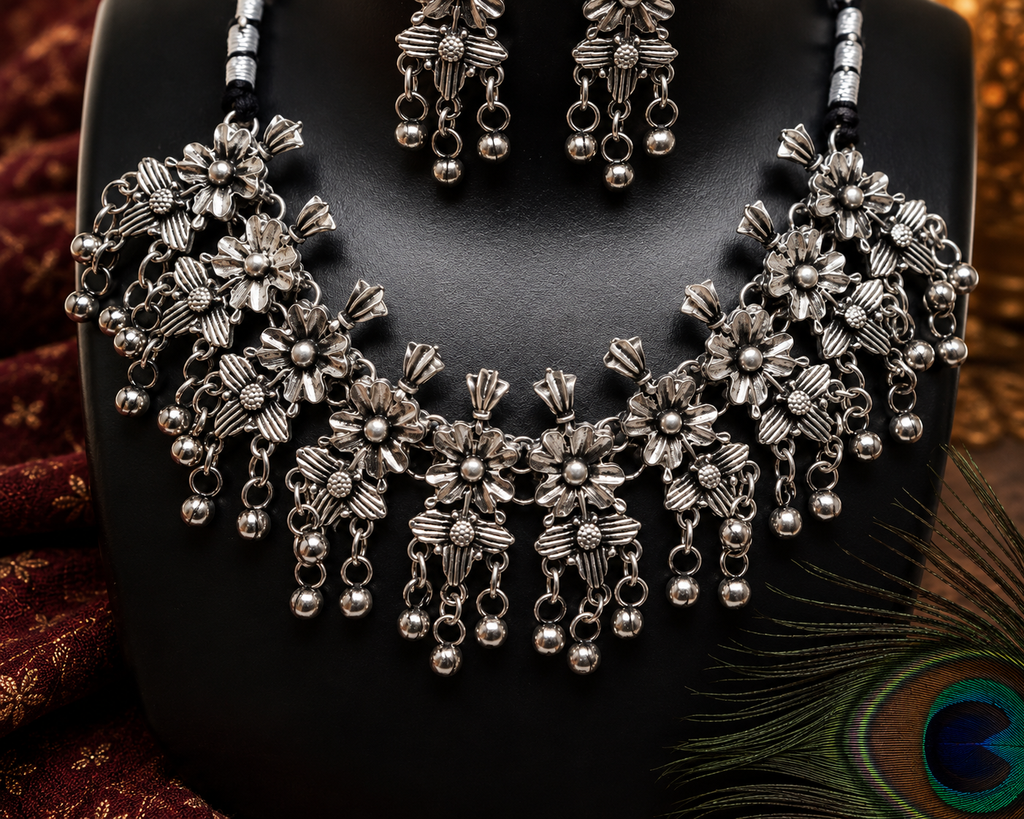Black Oxidised Floral Necklace Set