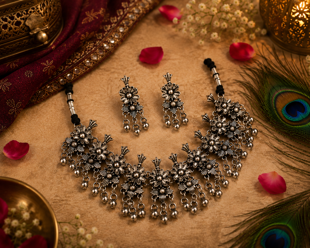 Black Oxidised Floral Necklace Set