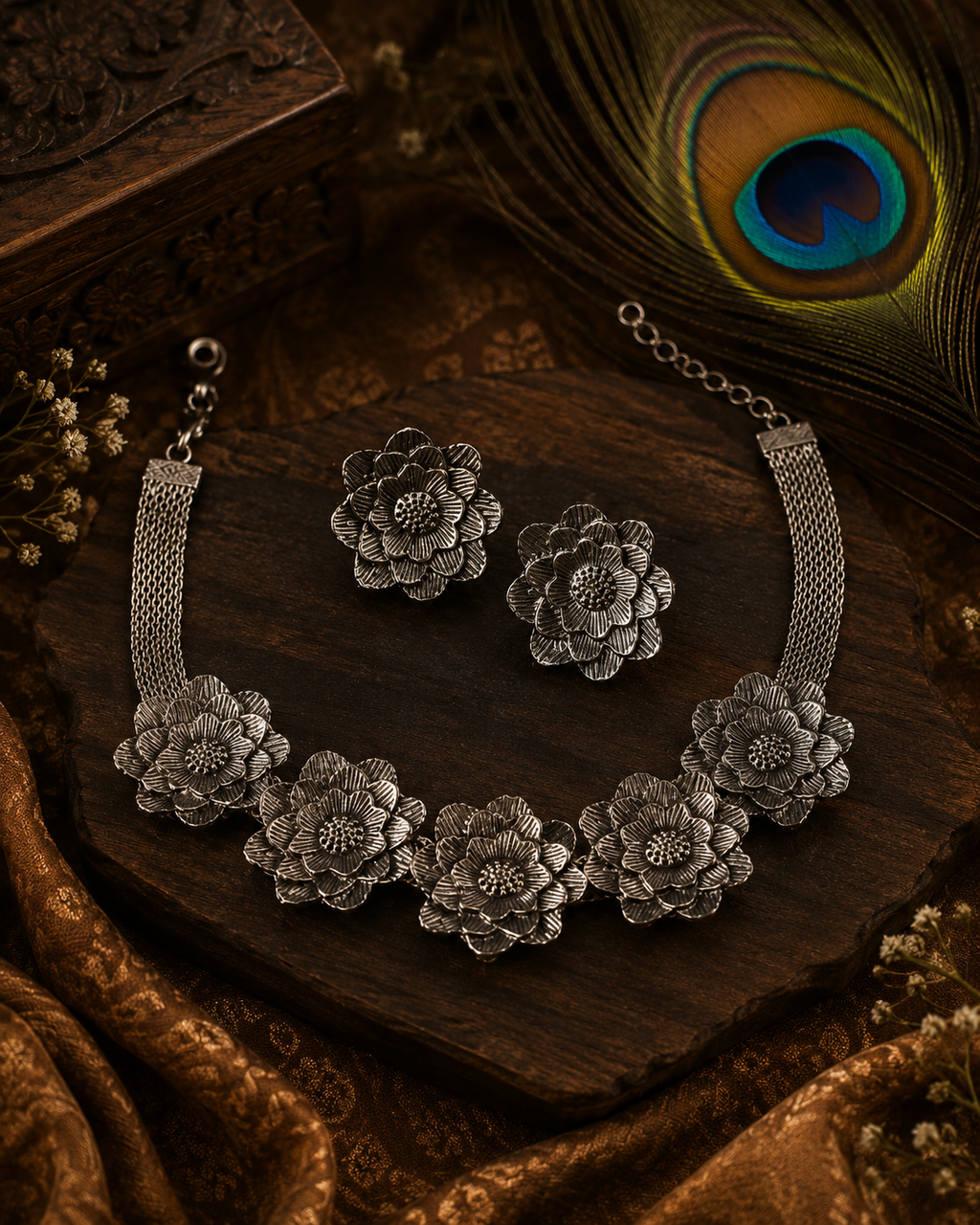 Black Oxidised Floral Necklace Set