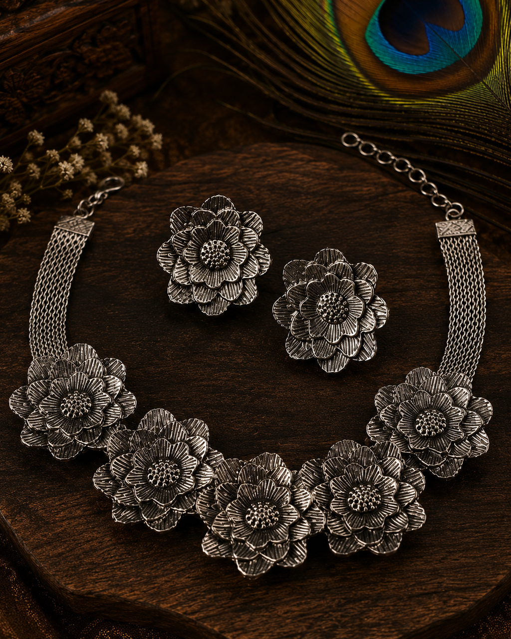 Black Oxidised Floral Necklace Set