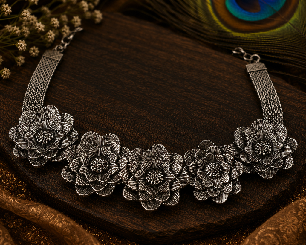 Black Oxidised Floral Necklace Set