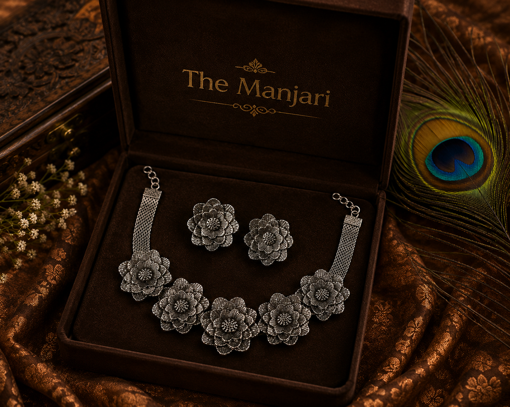 Black Oxidised Floral Necklace Set