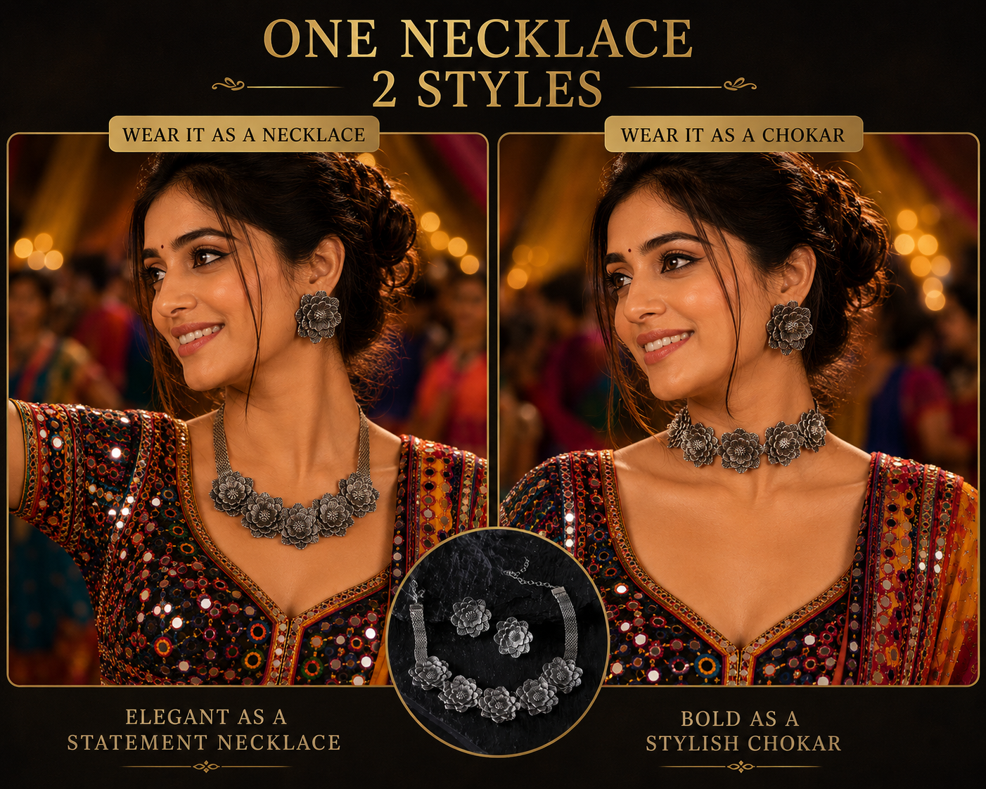 Black Oxidised Floral Necklace Set