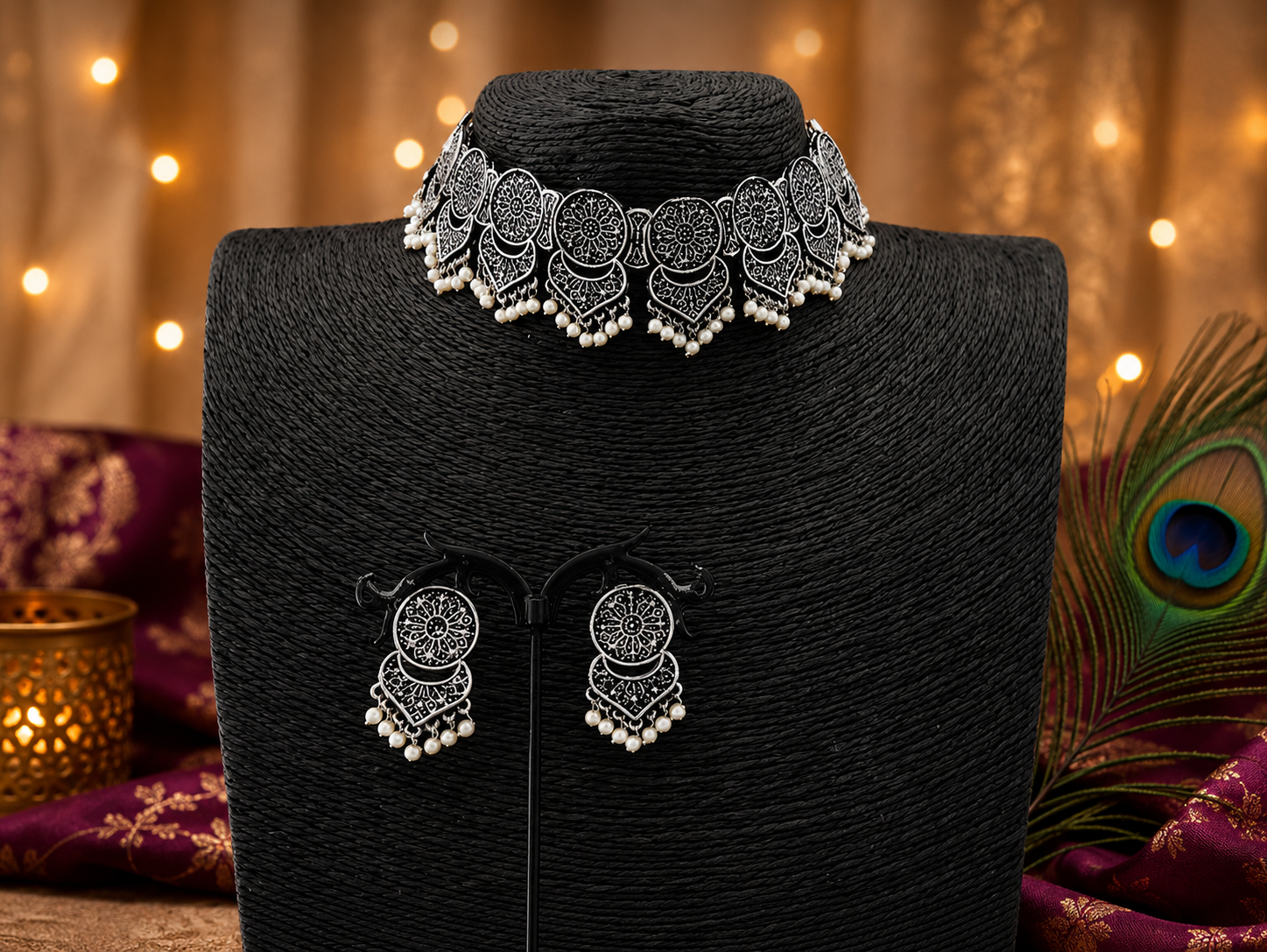 Moonveil Oxidised Silver Necklace Set