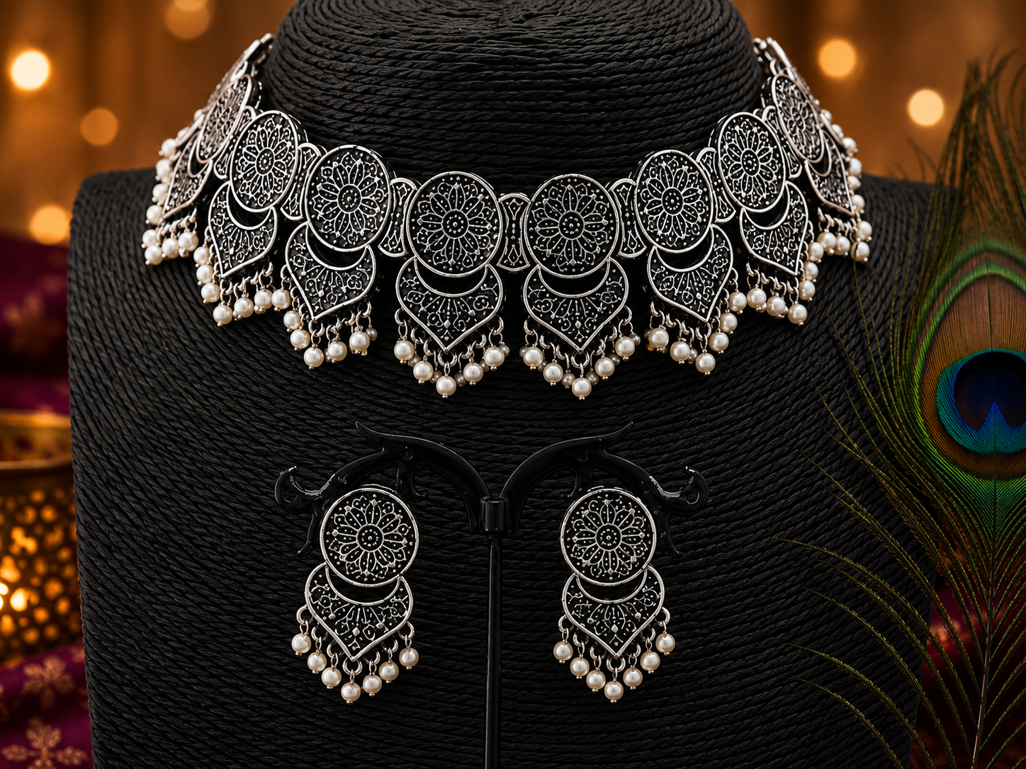 Moonveil Oxidised Silver Necklace Set