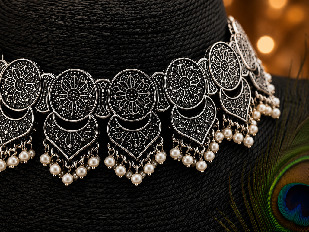 Moonveil Oxidised Silver Necklace Set