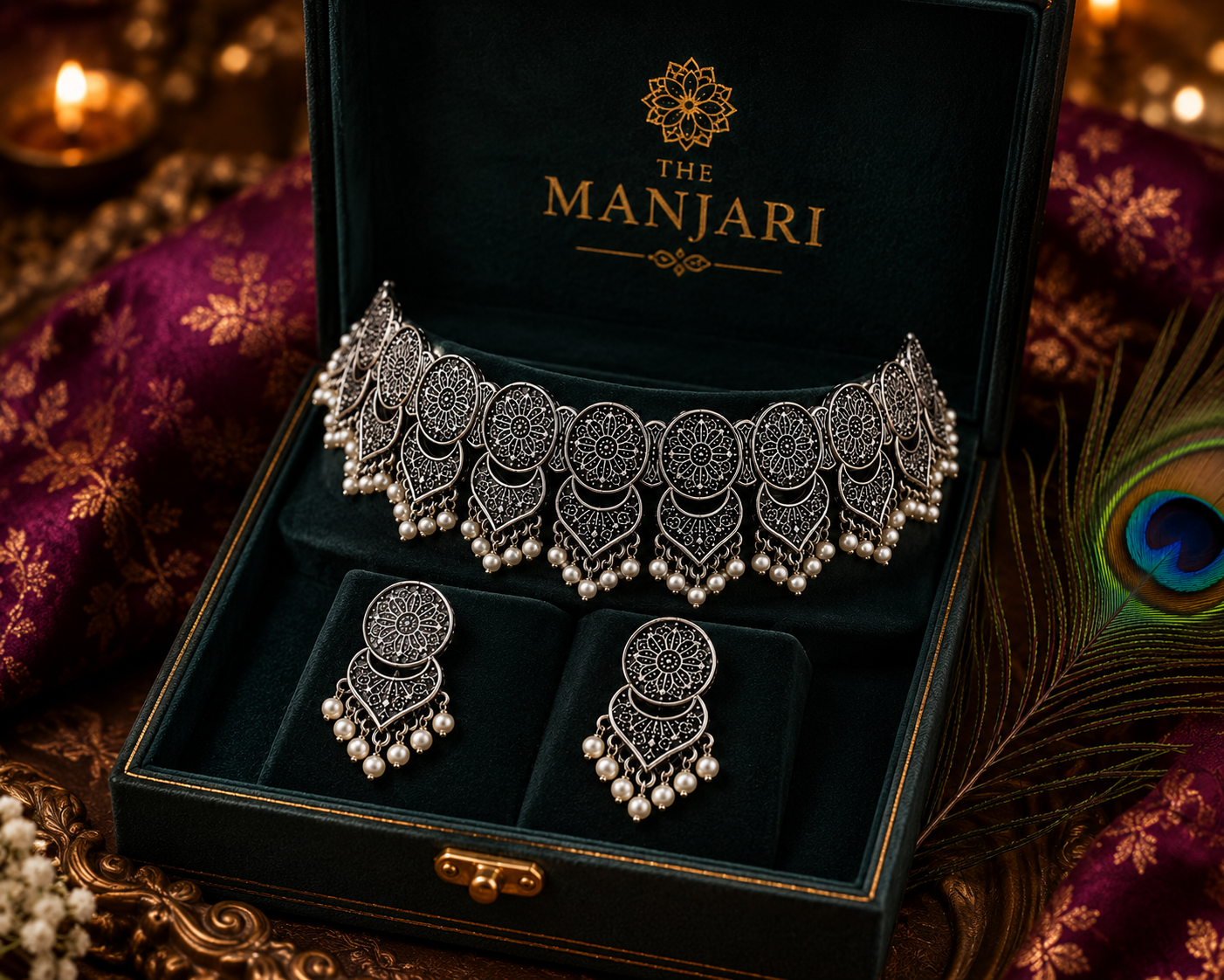 Moonveil Oxidised Silver Necklace Set