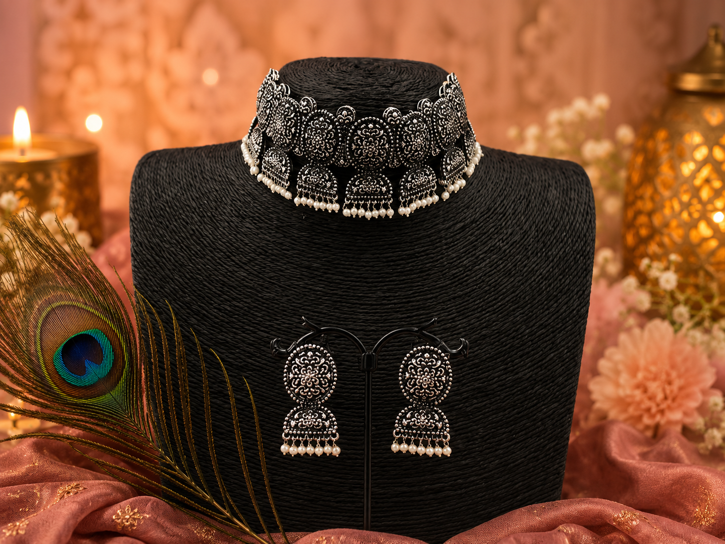 Moonveil Oxidised Silver Necklace Set