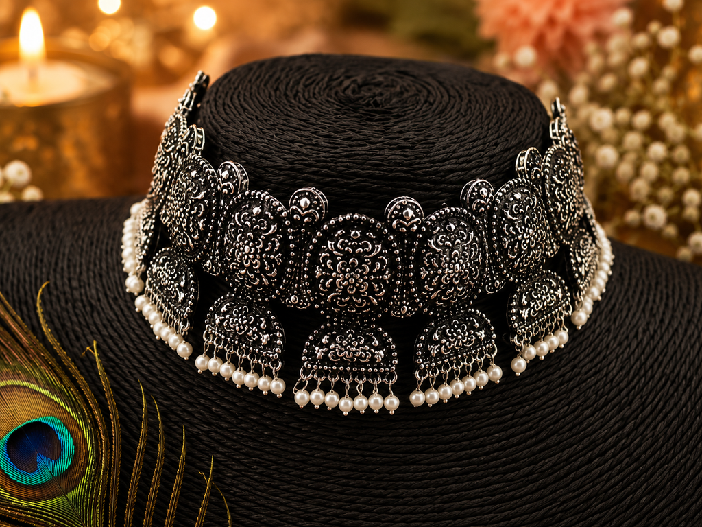 Moonveil Oxidised Silver Necklace Set