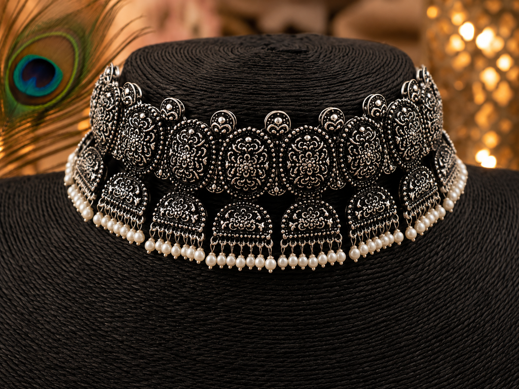 Moonveil Oxidised Silver Necklace Set