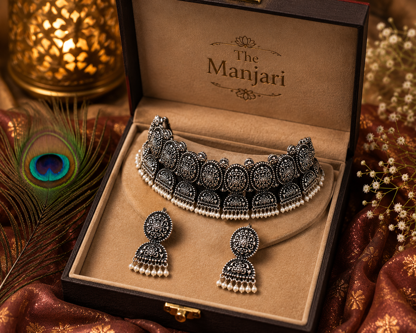 Moonveil Oxidised Silver Necklace Set