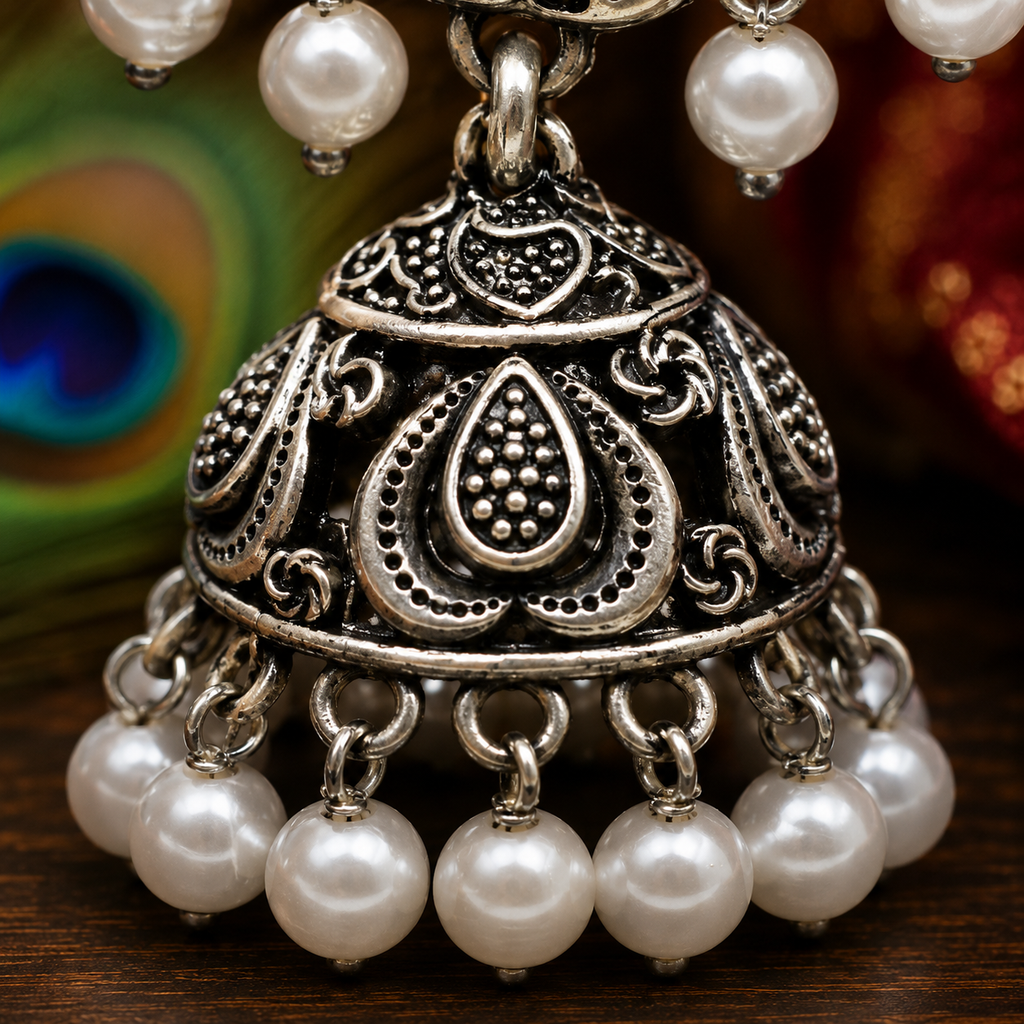 Pearl Drop Oxidised Jhumka Earrings