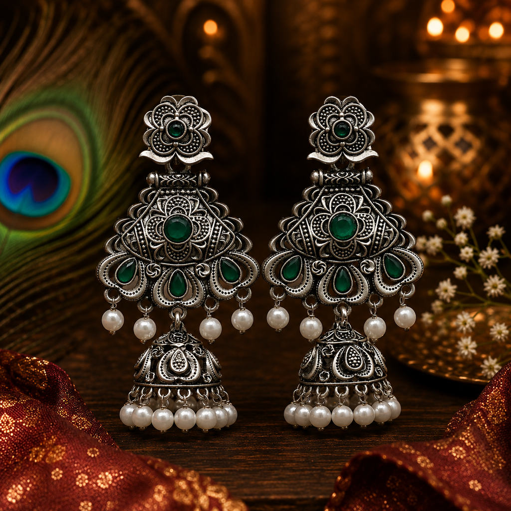 Pearl Drop Oxidised Jhumka Earrings
