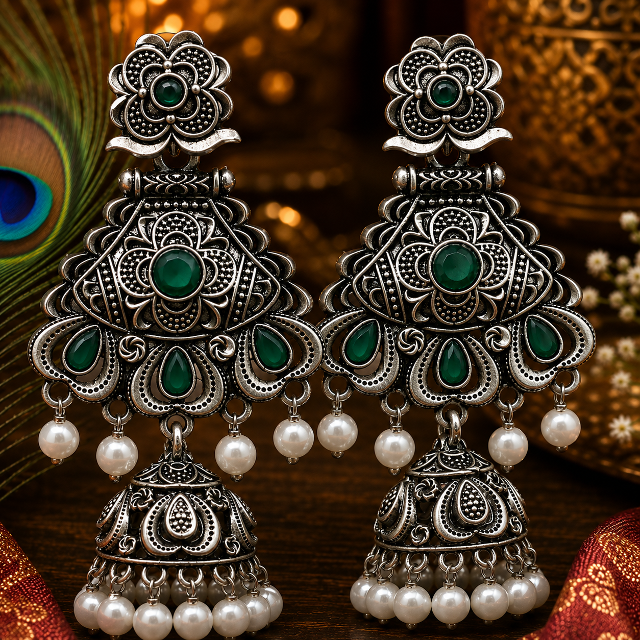 Pearl Drop Oxidised Jhumka Earrings