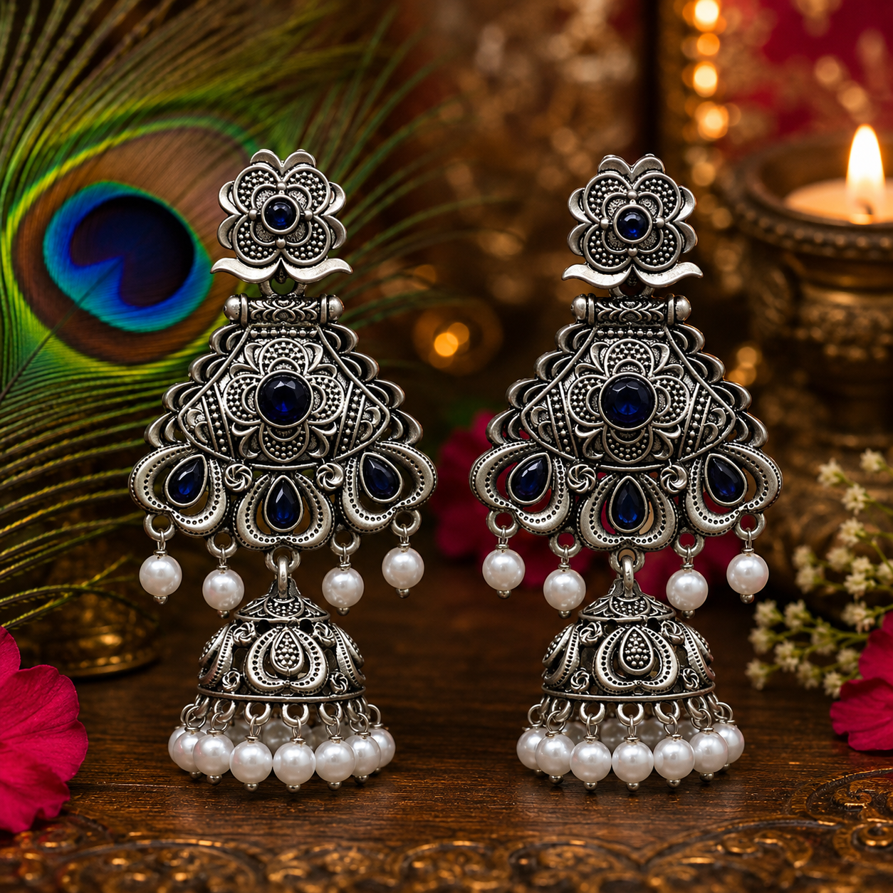 Pearl Drop Oxidised Jhumka Earrings