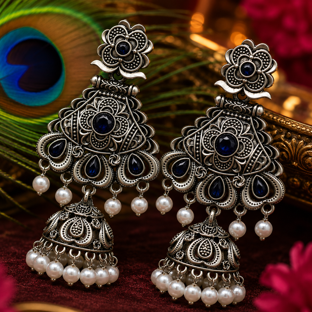 Pearl Drop Oxidised Jhumka Earrings