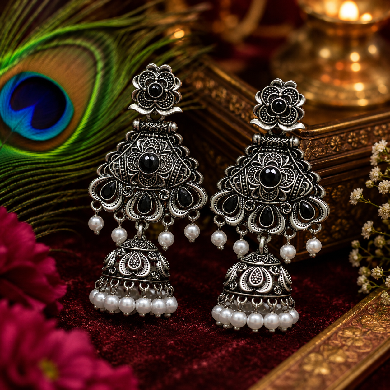 Pearl Drop Oxidised Jhumka Earrings