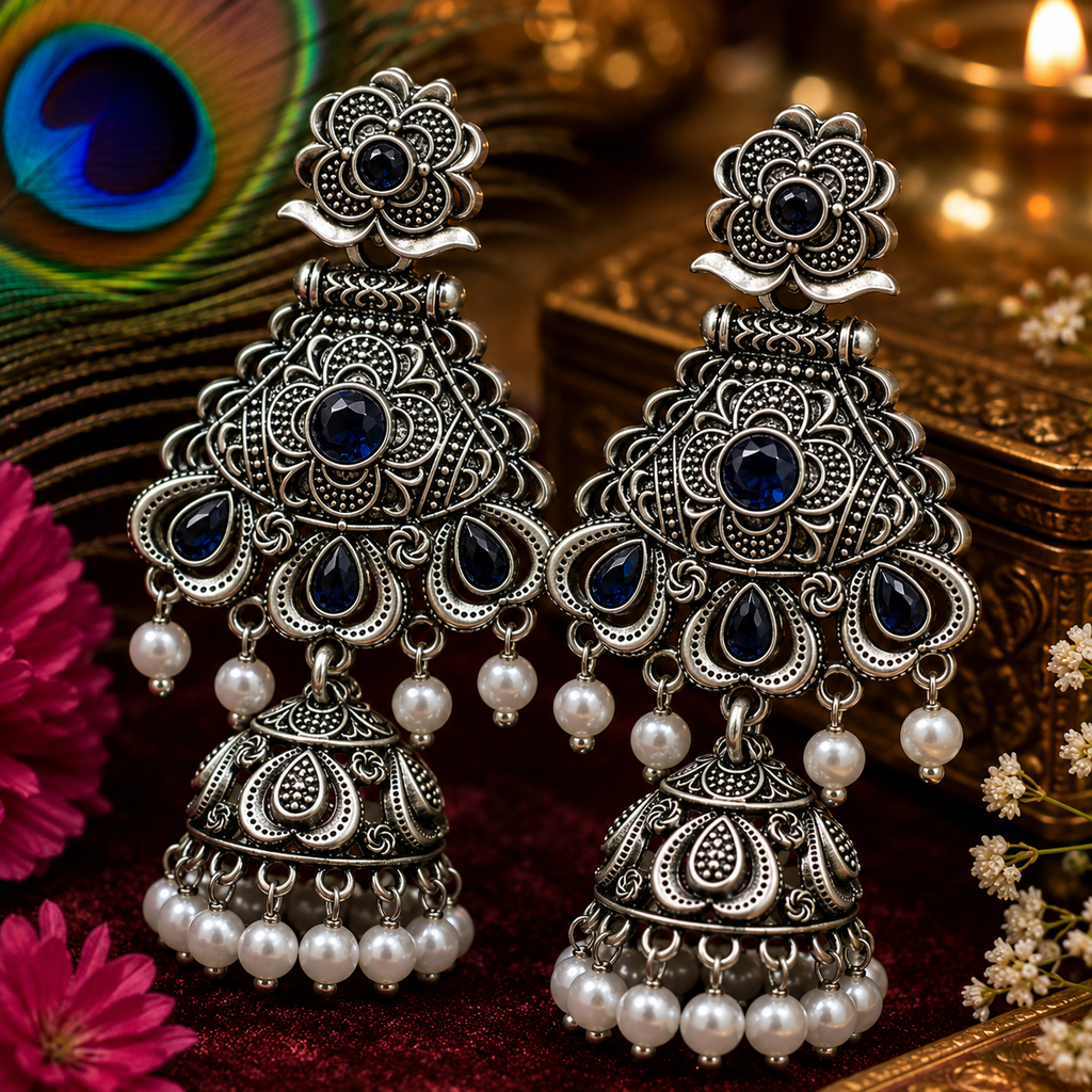 Pearl Drop Oxidised Jhumka Earrings