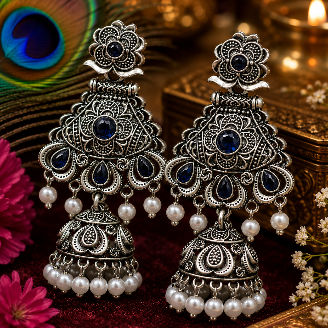 Pearl Drop Oxidised Jhumka Earrings