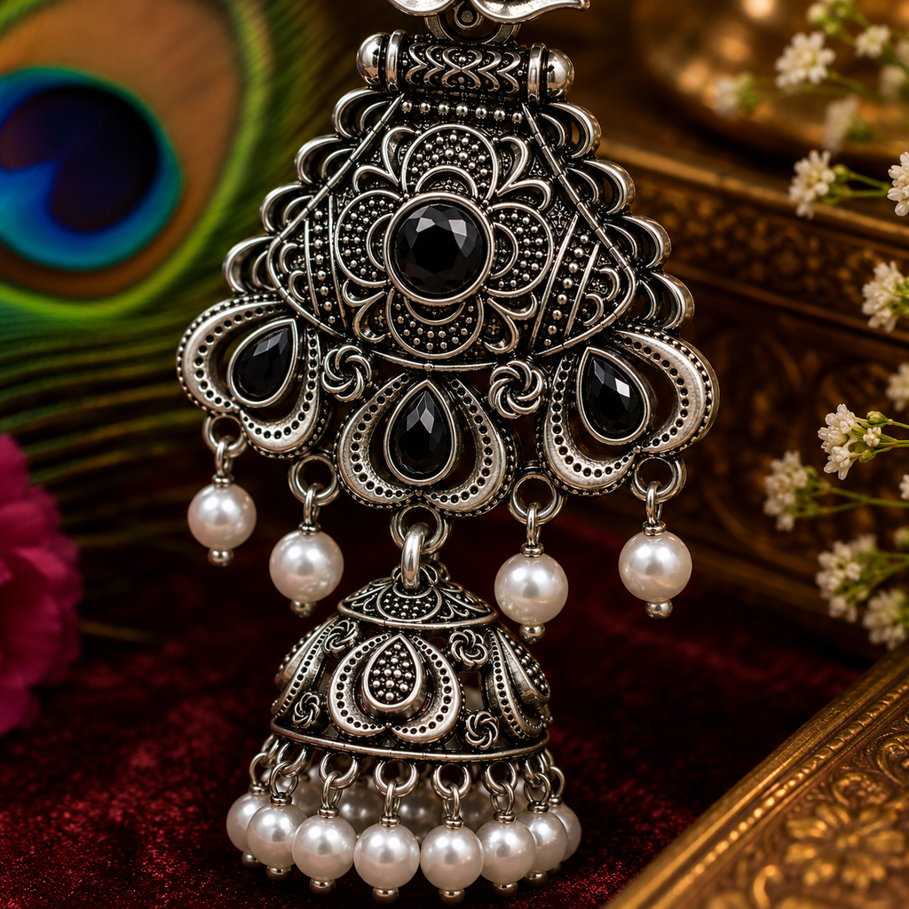 Pearl Drop Oxidised Jhumka Earrings
