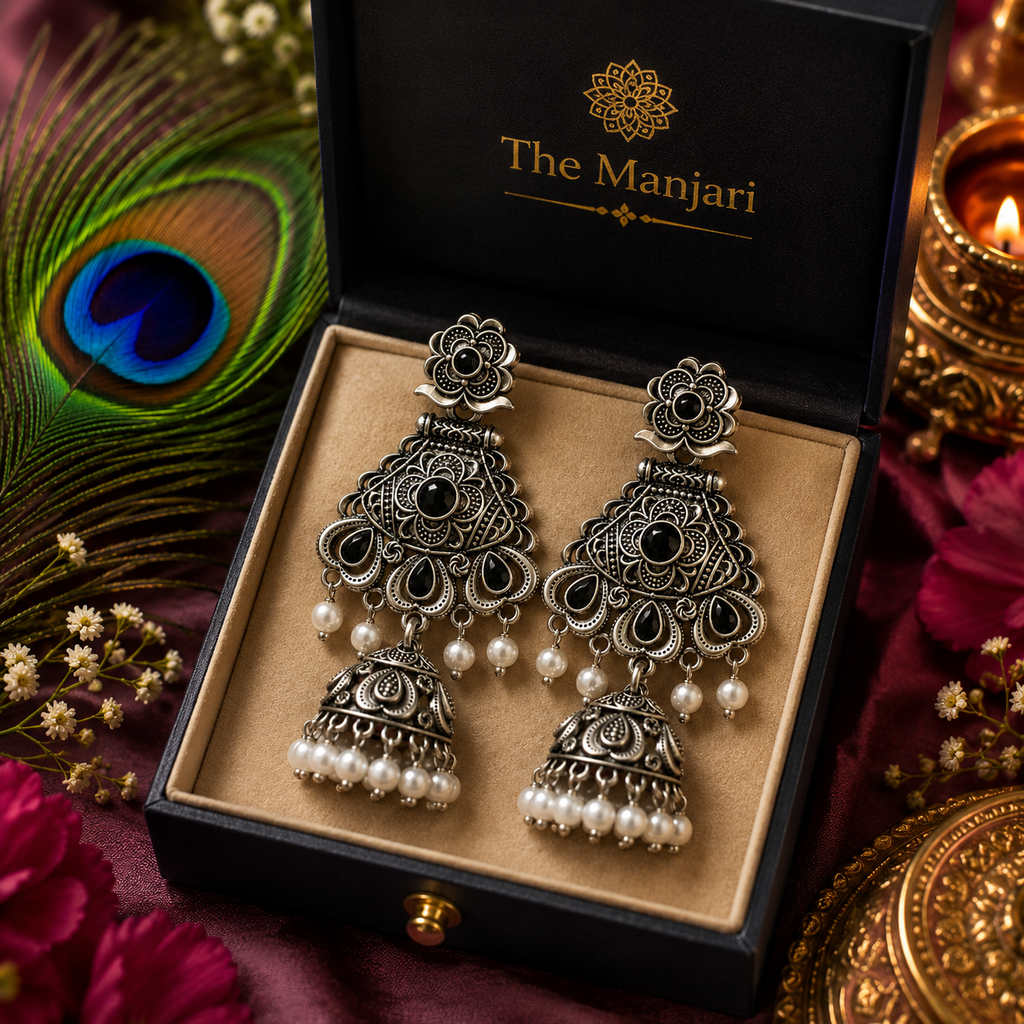 Pearl Drop Oxidised Jhumka Earrings