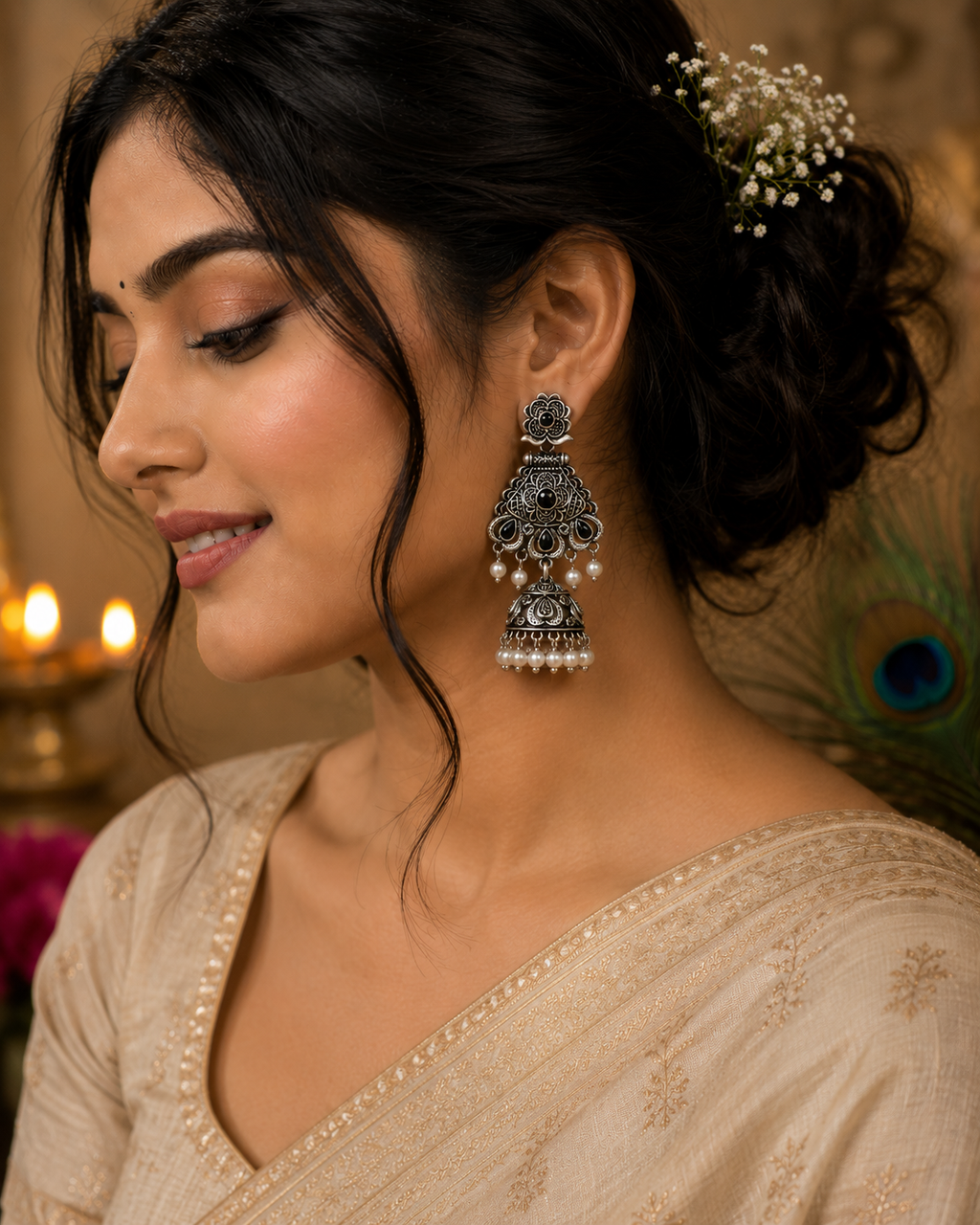 Pearl Drop Oxidised Jhumka Earrings