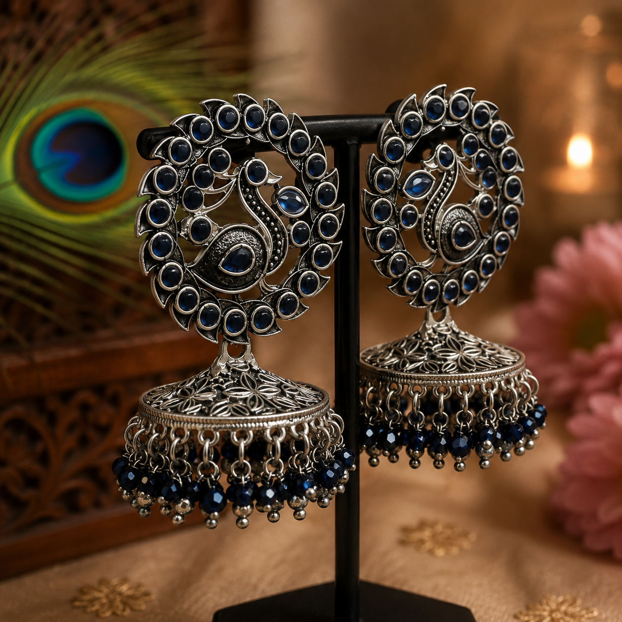 Oxidised Peacock Jhumka Earrings