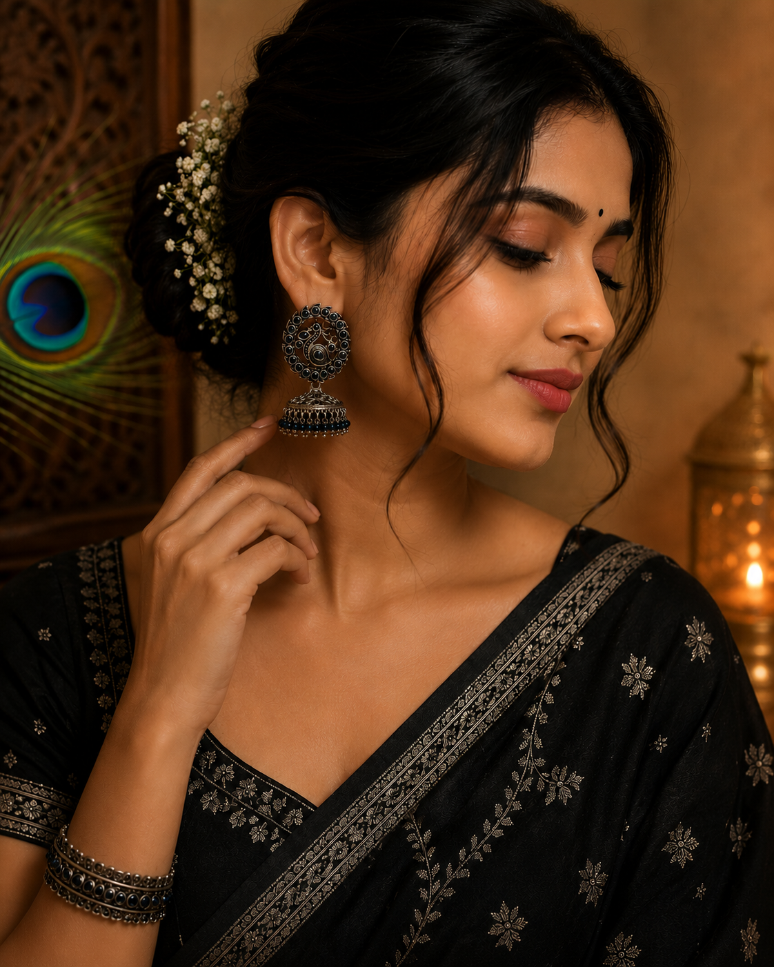 Oxidised Peacock Jhumka Earrings