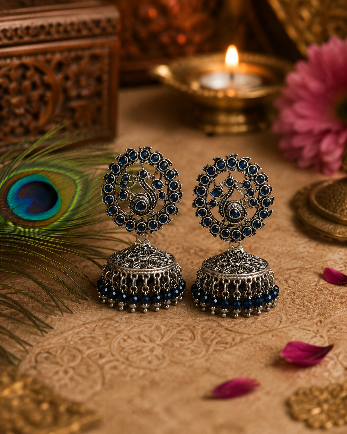 Oxidised Peacock Jhumka Earrings