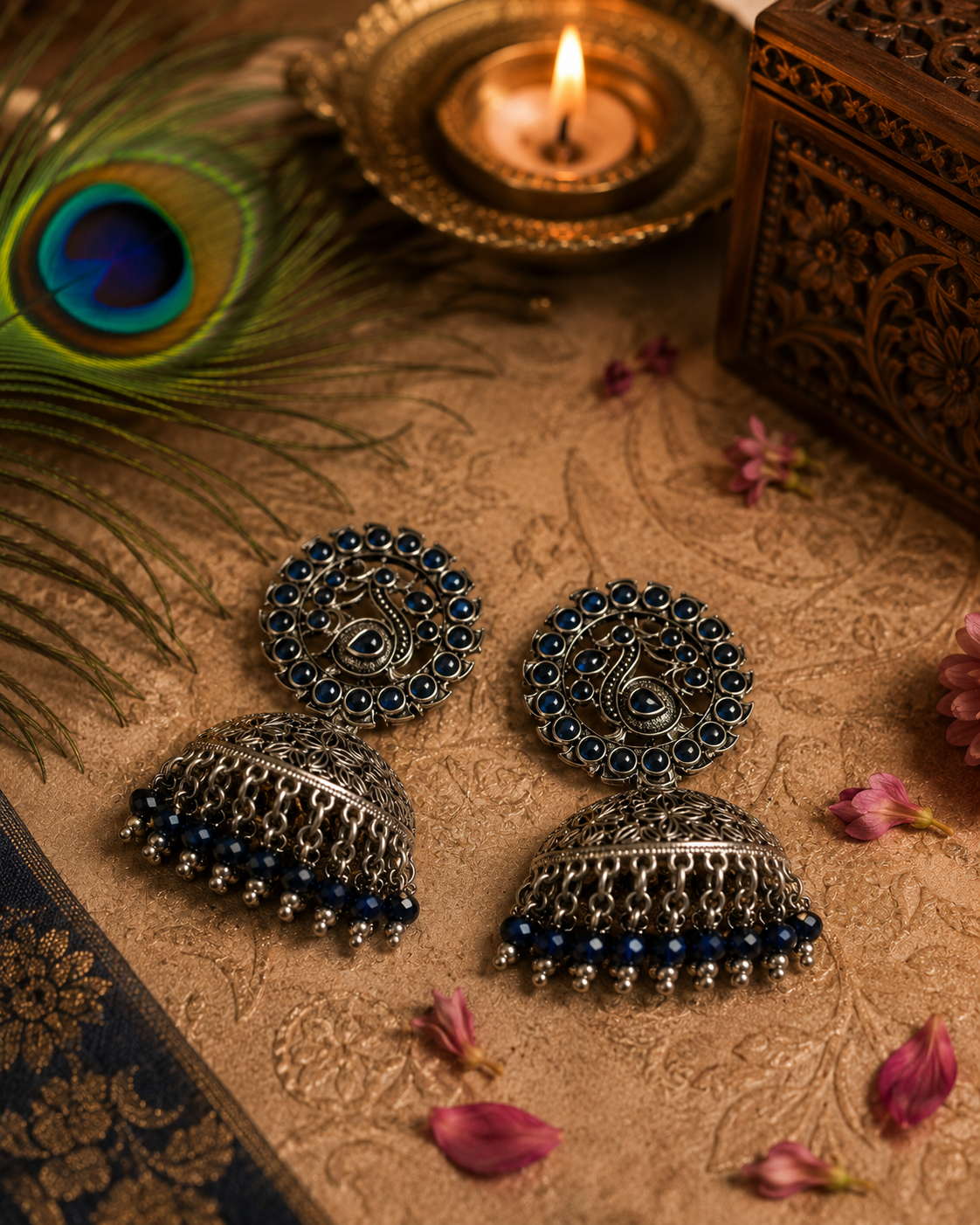 Oxidised Peacock Jhumka Earrings