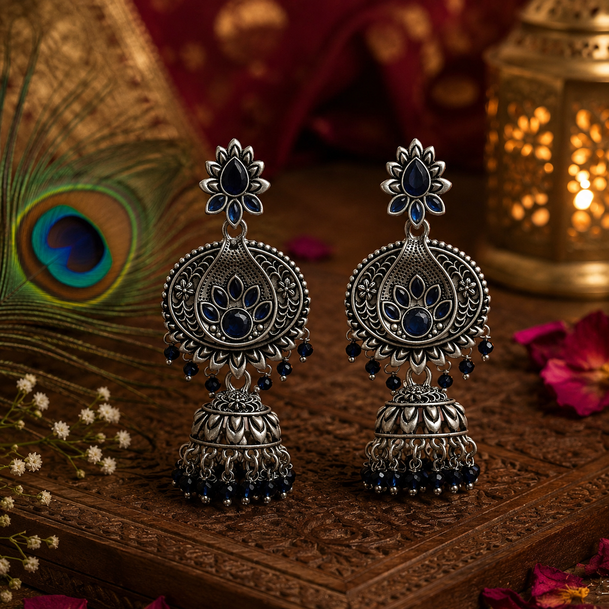 Midnight Lotus Oxidised Jhumka Earrings