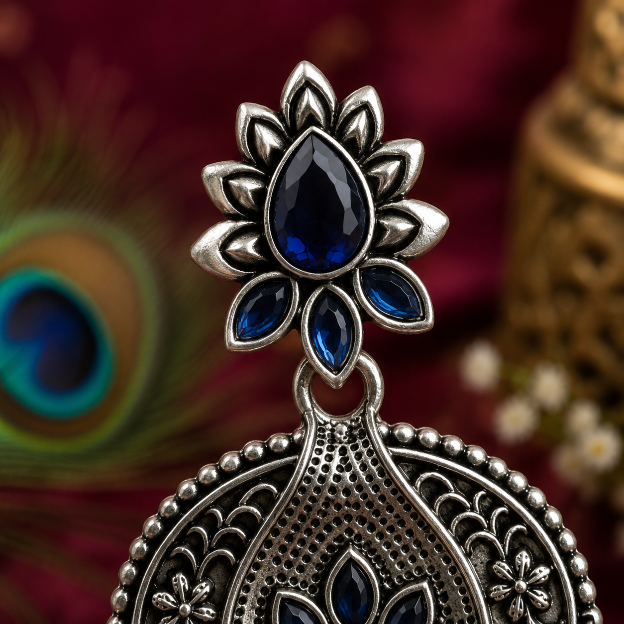 Midnight Lotus Oxidised Jhumka Earrings