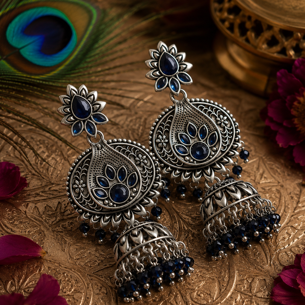 Midnight Lotus Oxidised Jhumka Earrings