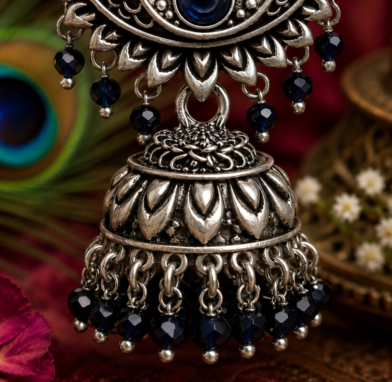 Midnight Lotus Oxidised Jhumka Earrings