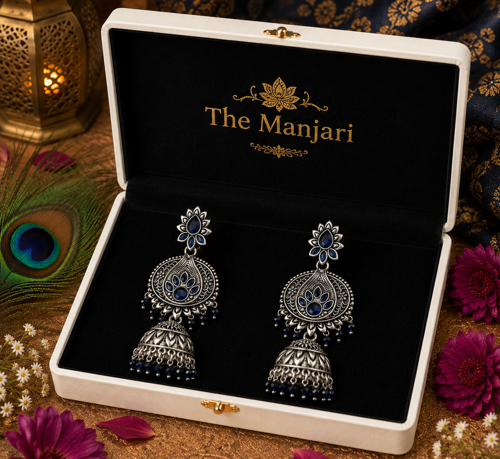 Midnight Lotus Oxidised Jhumka Earrings
