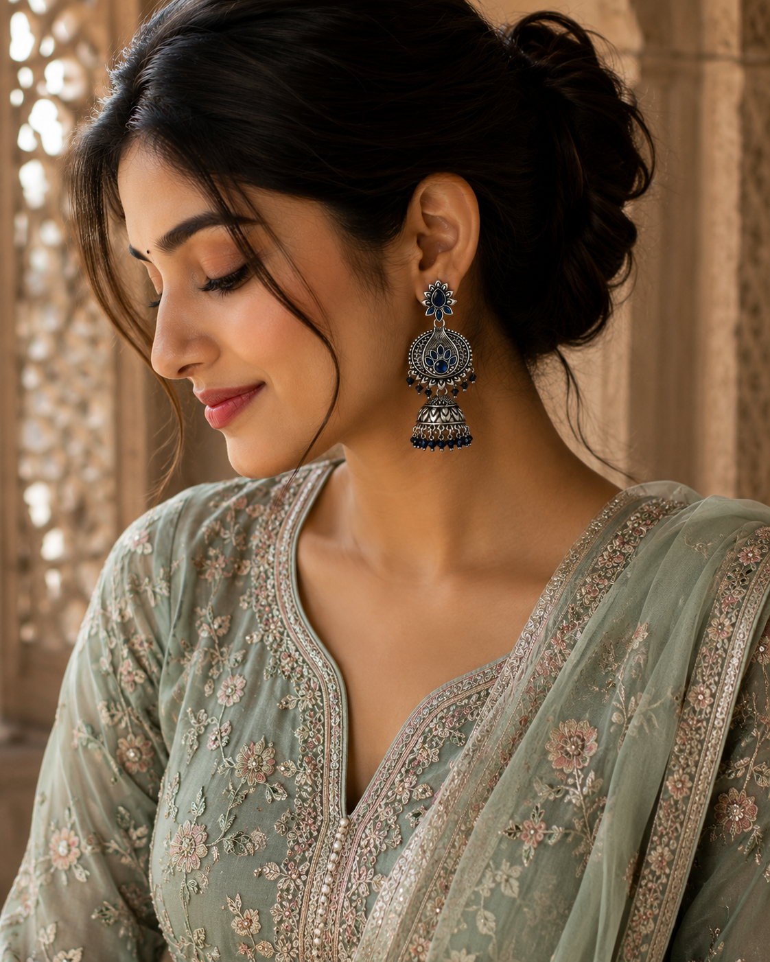 Midnight Lotus Oxidised Jhumka Earrings
