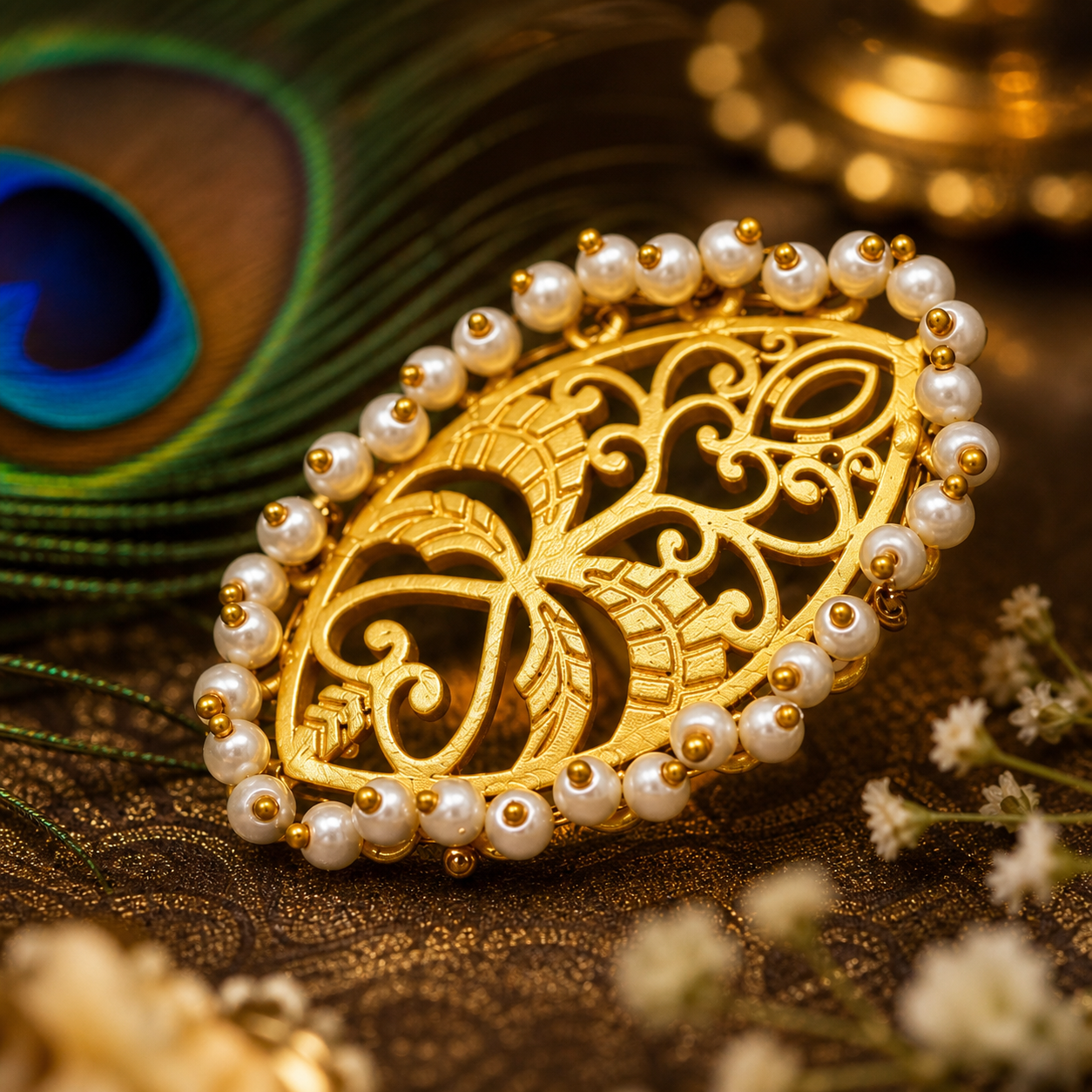 Gold Filigree Pearl Statement Ring