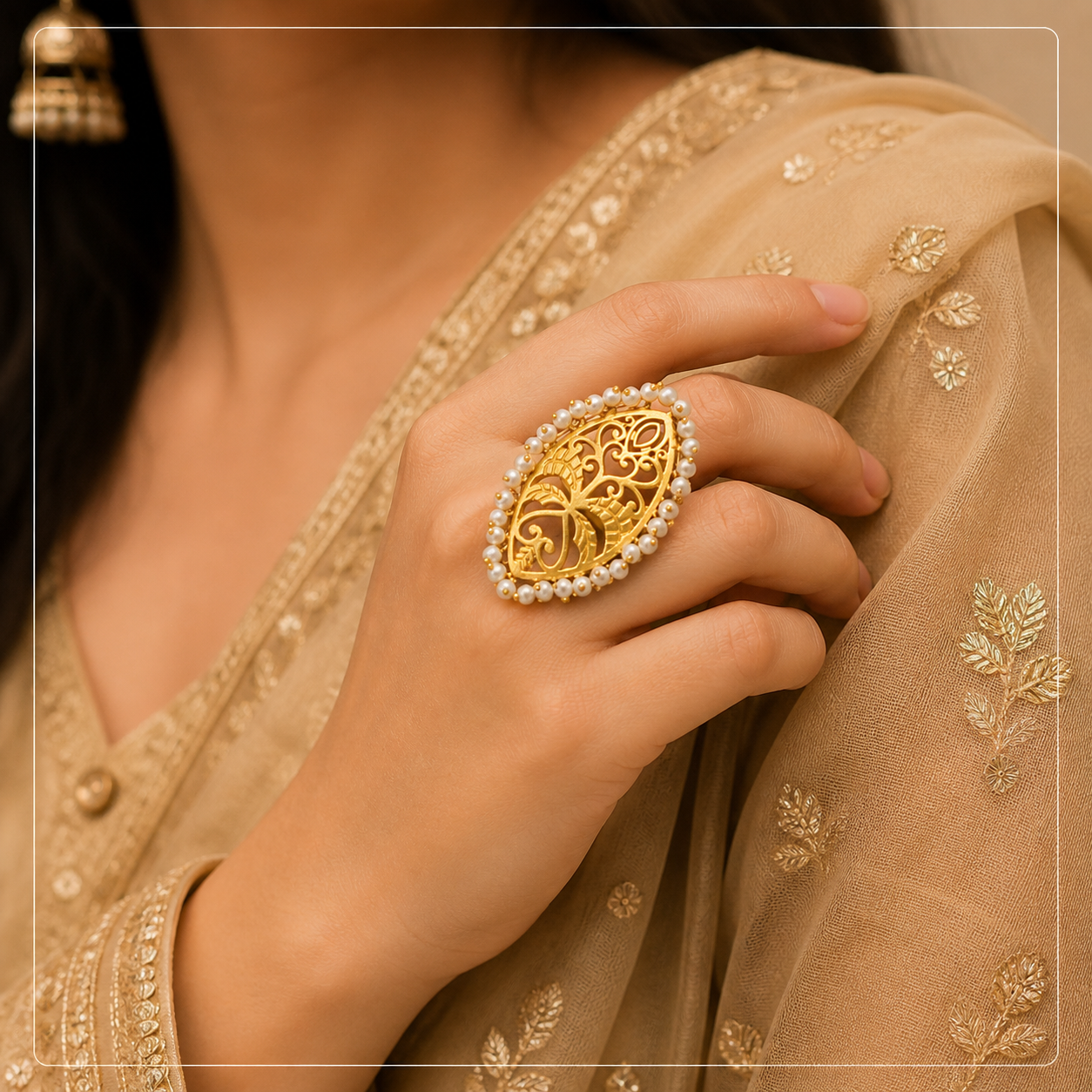 Gold Filigree Pearl Statement Ring