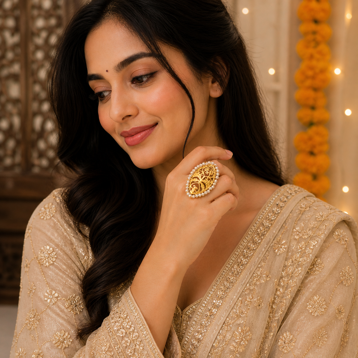 Gold Filigree Pearl Statement Ring