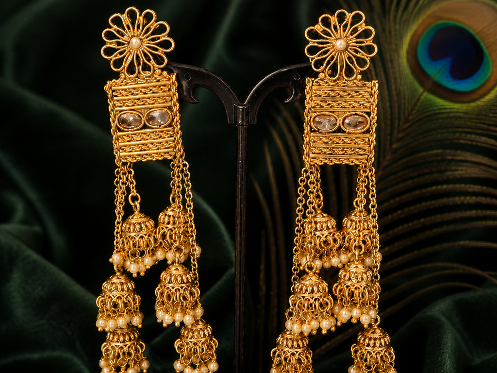 Royal Cascade Gold Jhumka Earrings