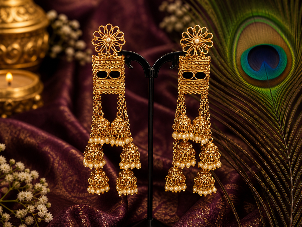 Royal Cascade Gold Jhumka Earrings