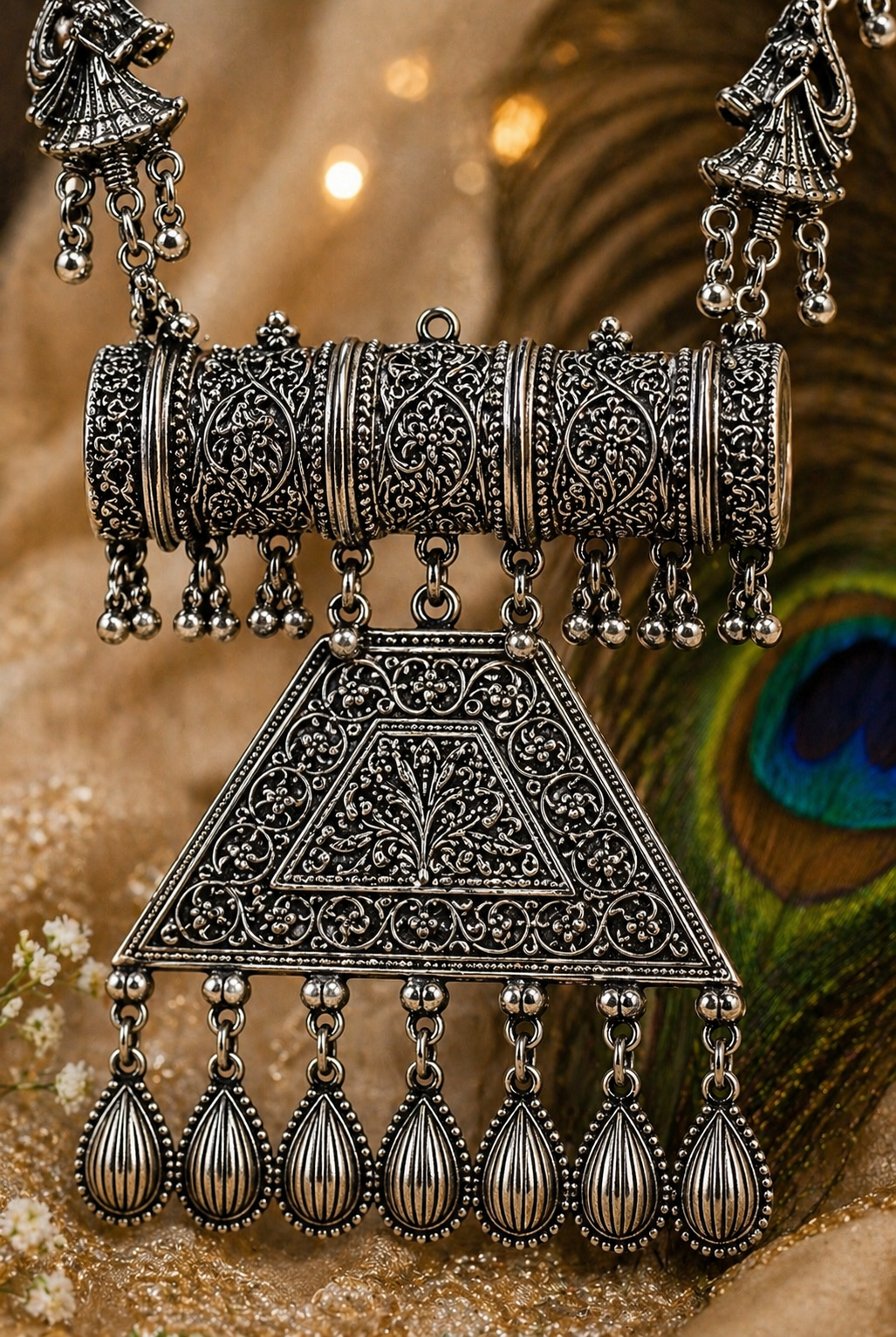 Floral Oxidised Long Necklace Set