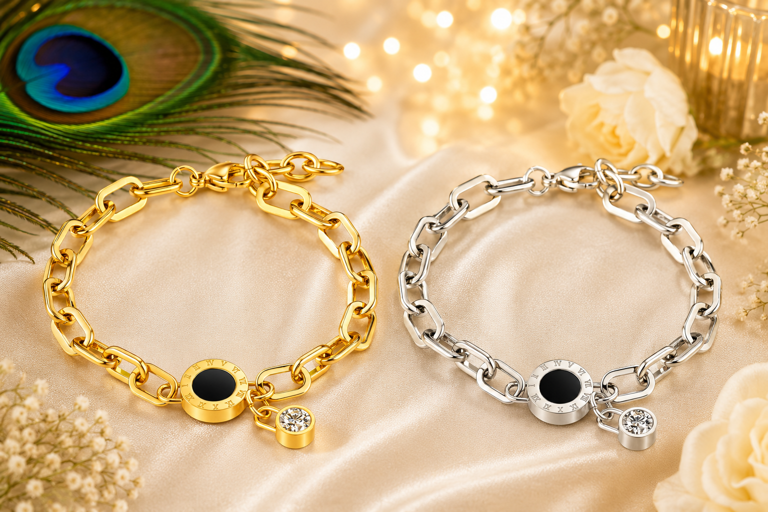 Luxury Roman Numeral Jewelry Collection | Gold & Silver Necklace, Bracelet, Bangle Bracelet & Earrings Set | Waterproof Tarnish-Free Stainless Steel Gift for Her