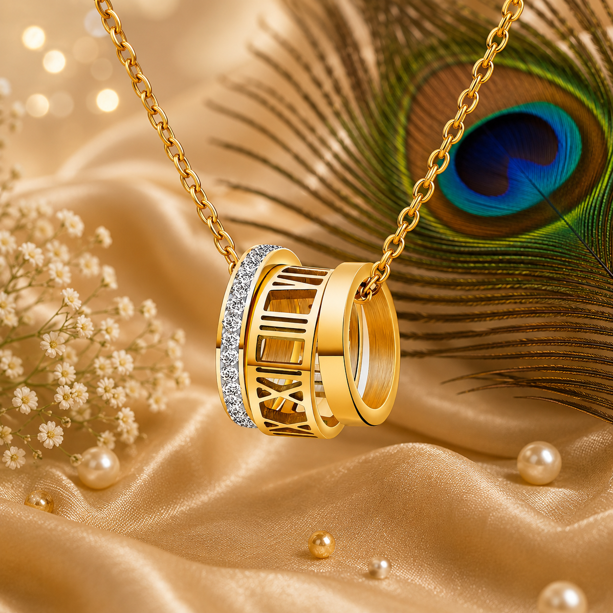 Luxury Roman Numeral Pendant Necklace – 18K Gold Plated Stainless Steel | Waterproof Tarnish-Free CZ Necklace