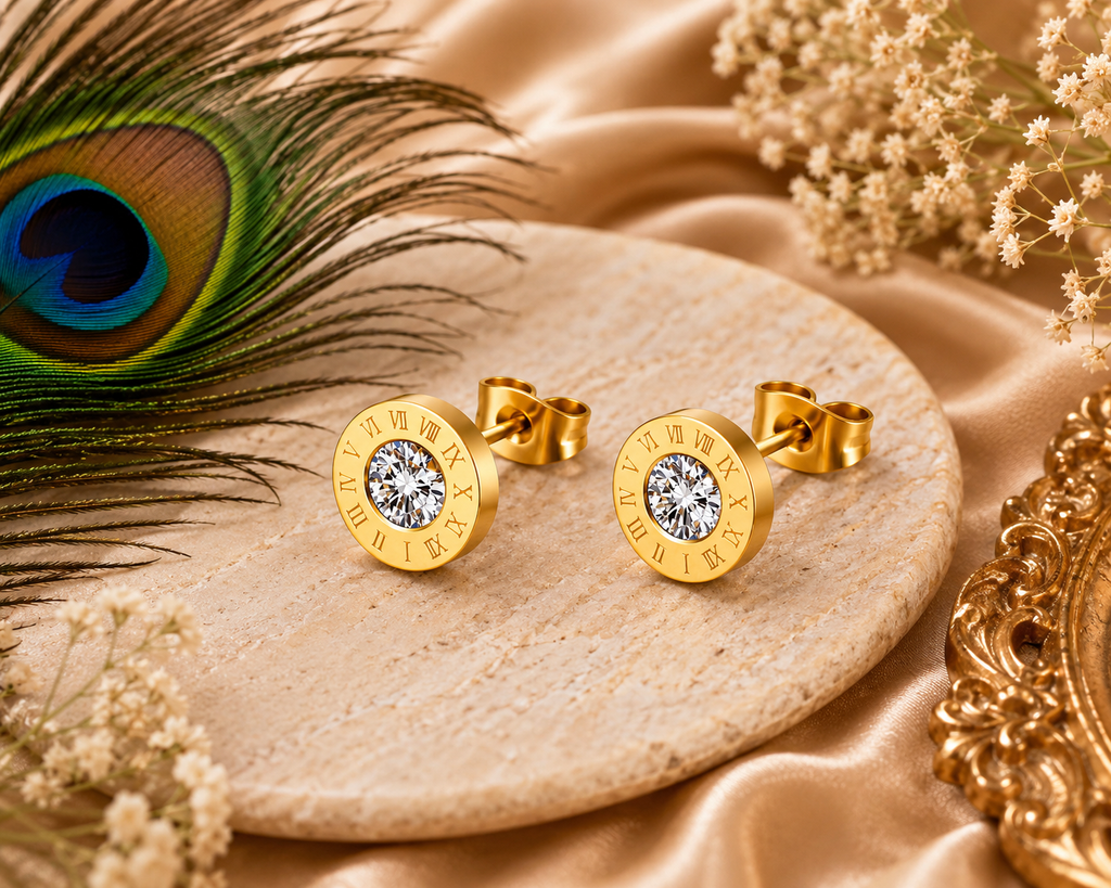 8mm Roman Numeral Stud Earrings | Waterproof Tarnish-Free 18K Gold Plated Stainless Steel Earrings for Women and Men